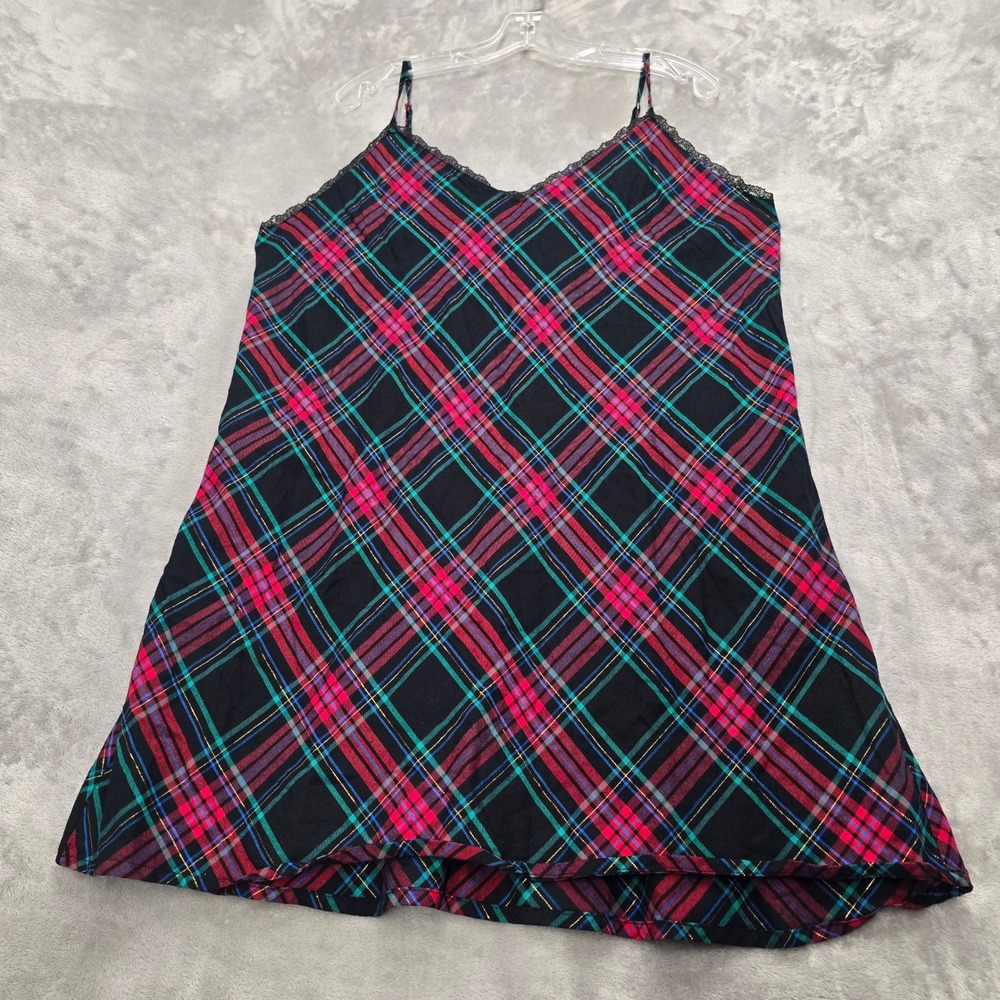 Victorias Secret Slip Dress Womens XXL Black Pink Plaid Lace Trim Nightie Grunge - Picture 11 of 15